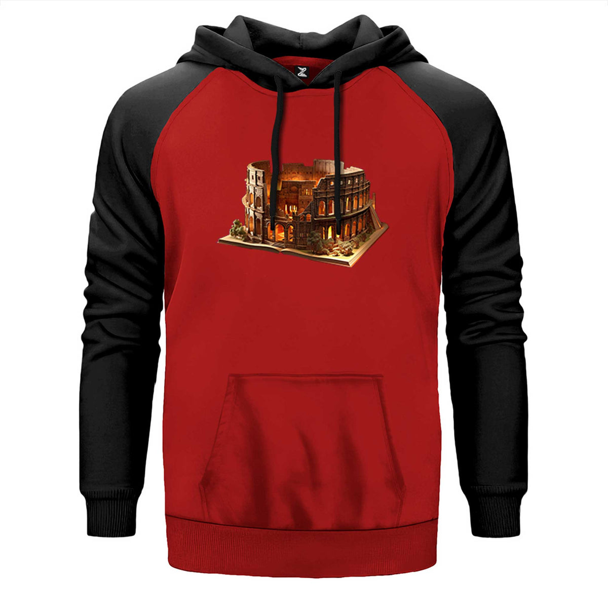 Roman view Book çift renk reglan kol kapşonlu sweatshirt - kırmızı