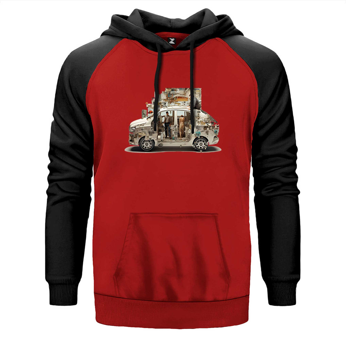 Self Driving Car çift renk reglan kol kapşonlu sweatshirt - kırmızı