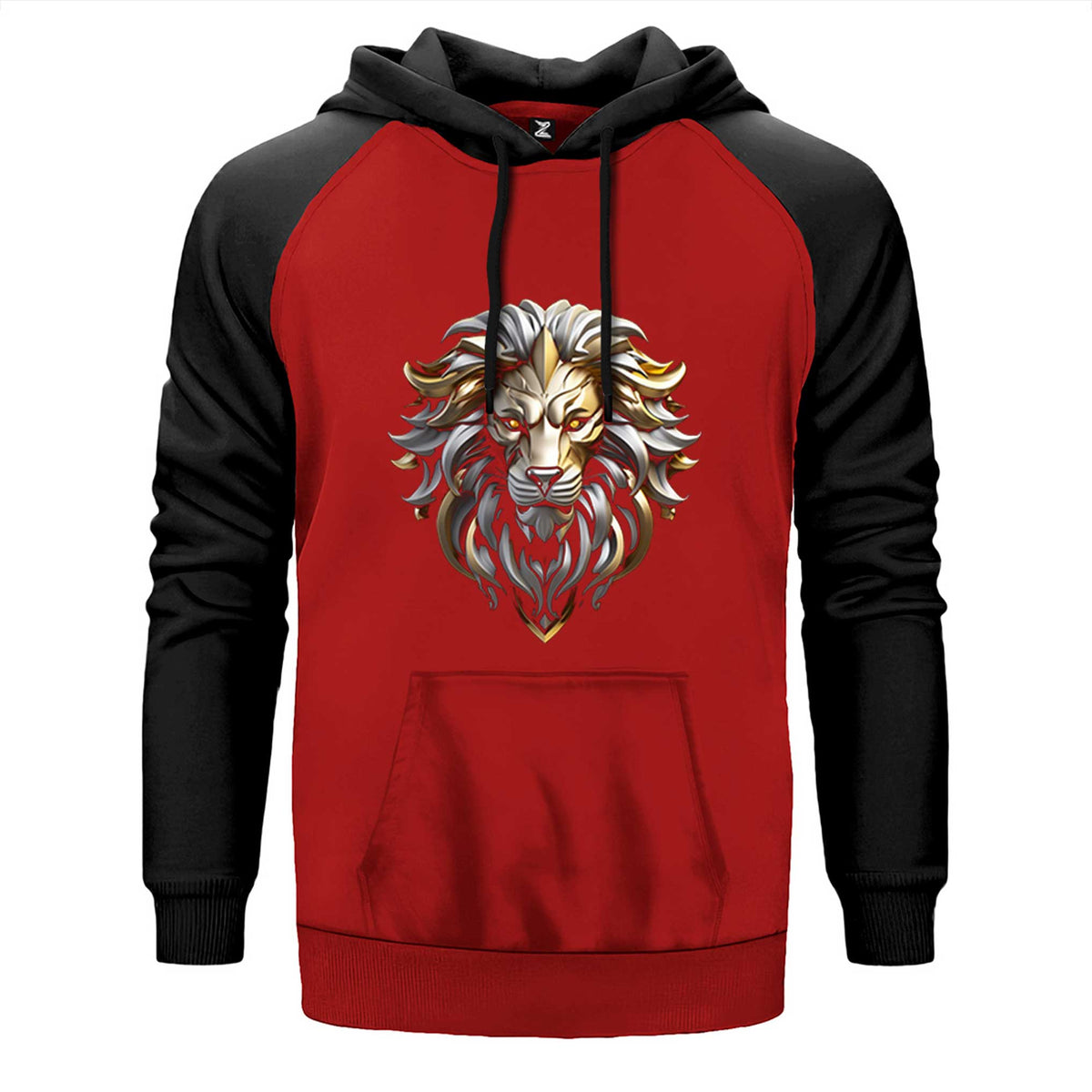 Silver and Gold Lion çift renk reglan kol kapşonlu sweatshirt - kırmızı