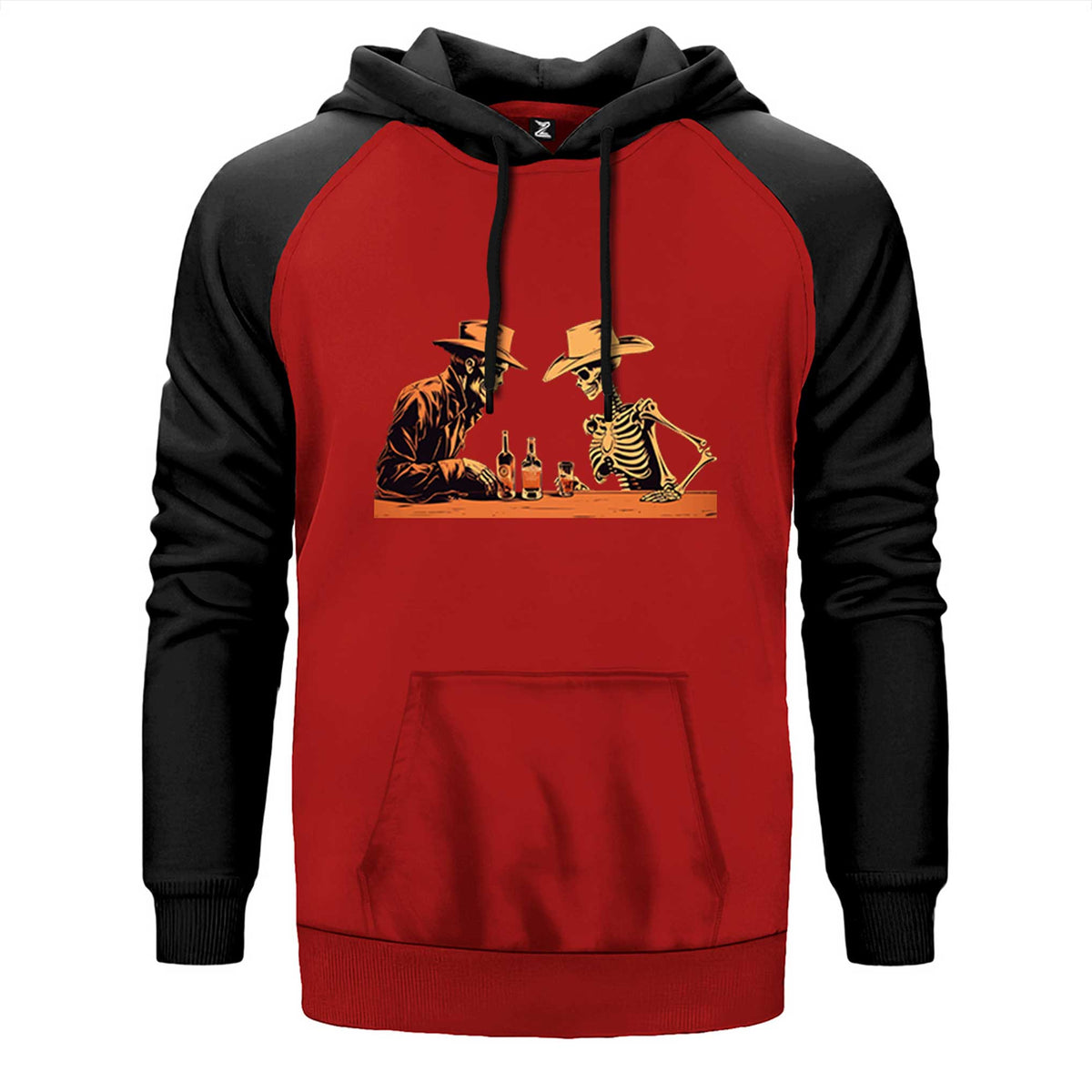 Skelton Cowboy Bar çift renk reglan kol kapşonlu sweatshirt - kırmızı