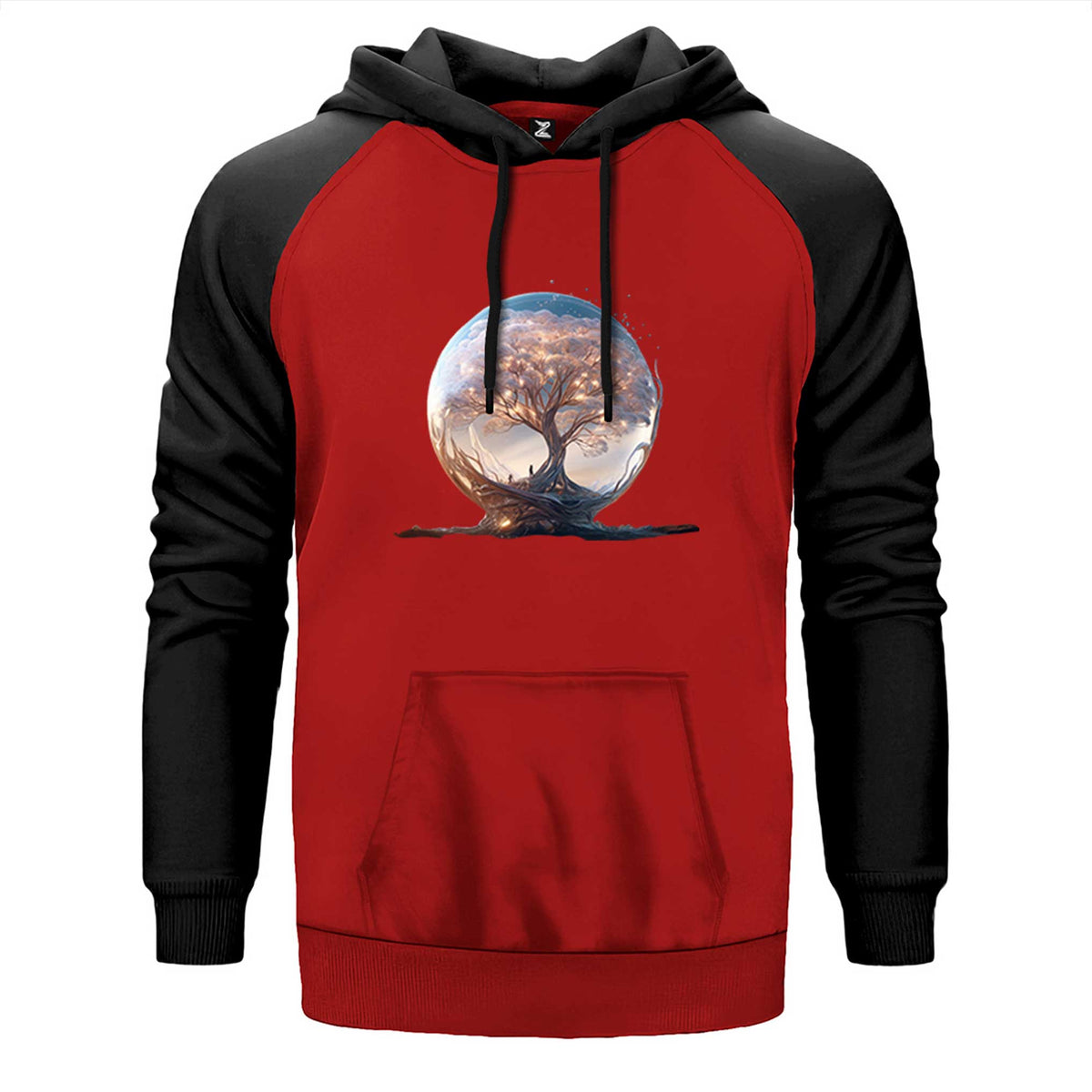 Tree Growing in Snow Gobe çift renk reglan kol kapşonlu sweatshirt - kırmızı