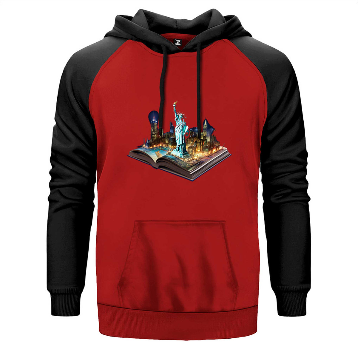 Usa View Book çift renk reglan kol kapşonlu sweatshirt - kırmızı