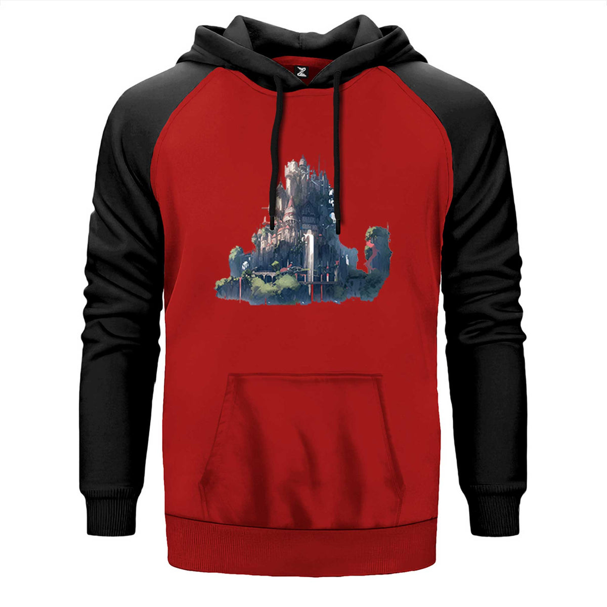 Water valley Castle çift renk reglan kol kapşonlu sweatshirt - kırmızı