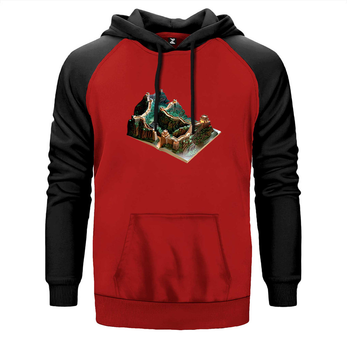 Great Wall of China View Book çift renk reglan kol kapşonlu sweatshirt - kırmızı