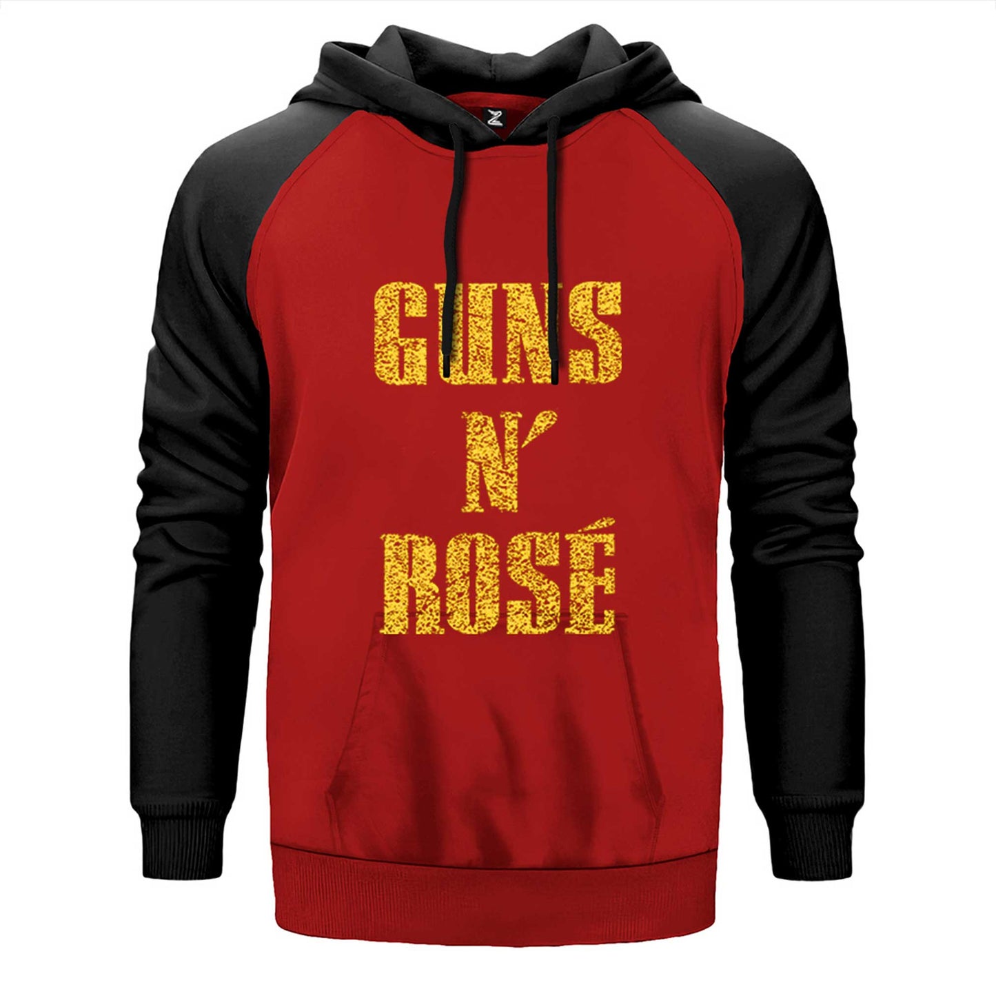 Guns N Rose Text Yellow çift renk reglan kol kapşonlu sweatshirt - kırmızı