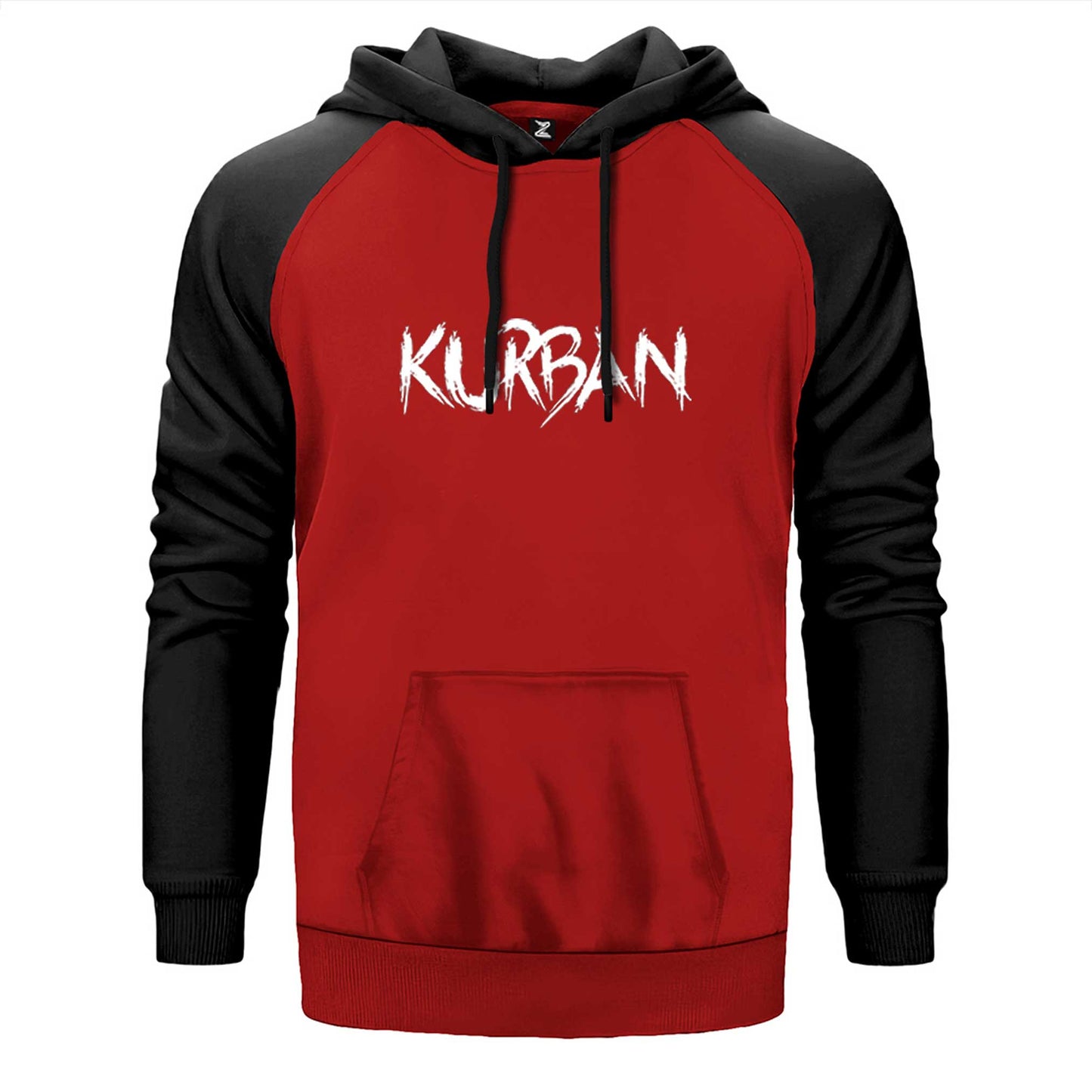 Kurban Text çift renk reglan kol kapşonlu sweatshirt - kırmızı