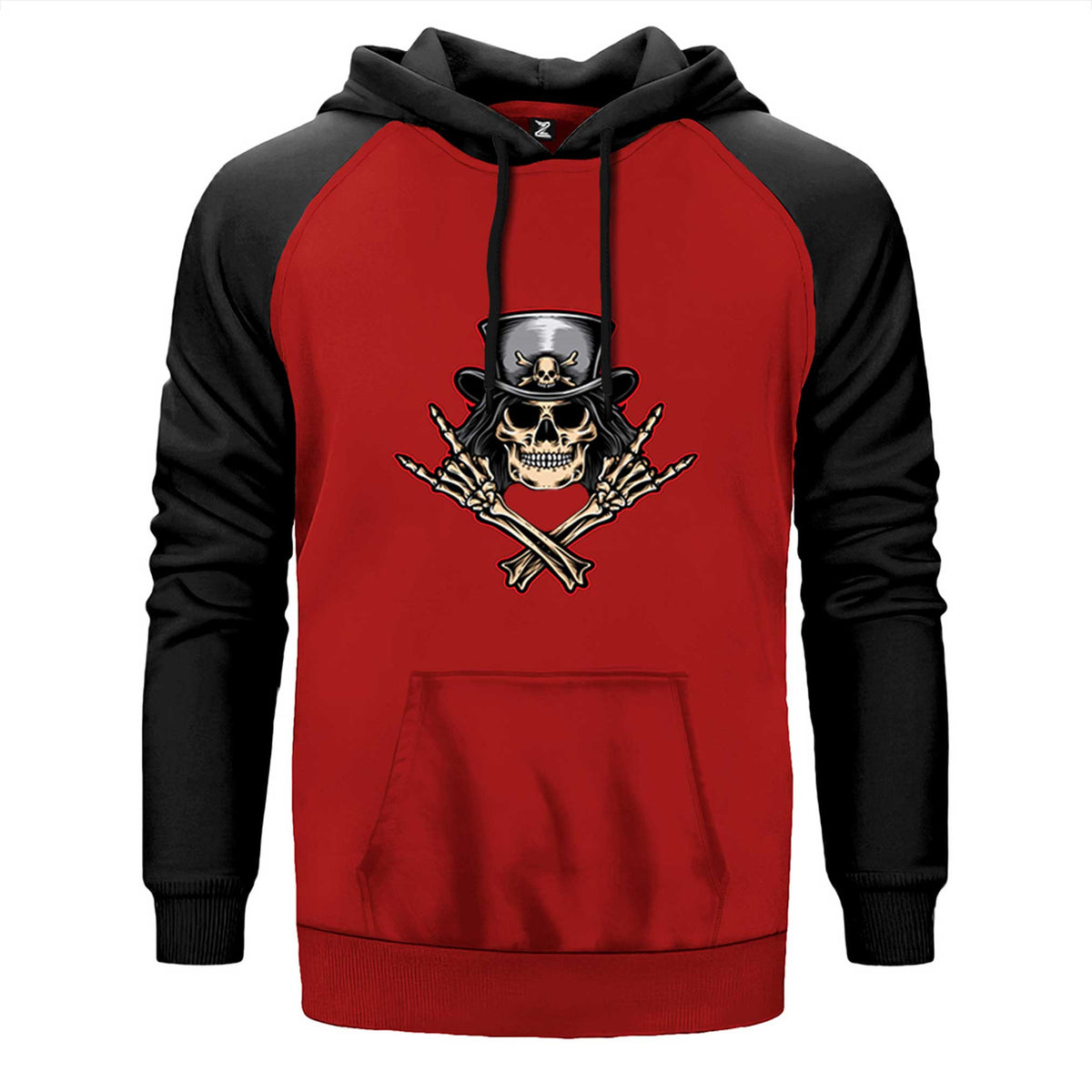 Slash Skull çift renk reglan kol kapşonlu sweatshirt - kırmızı