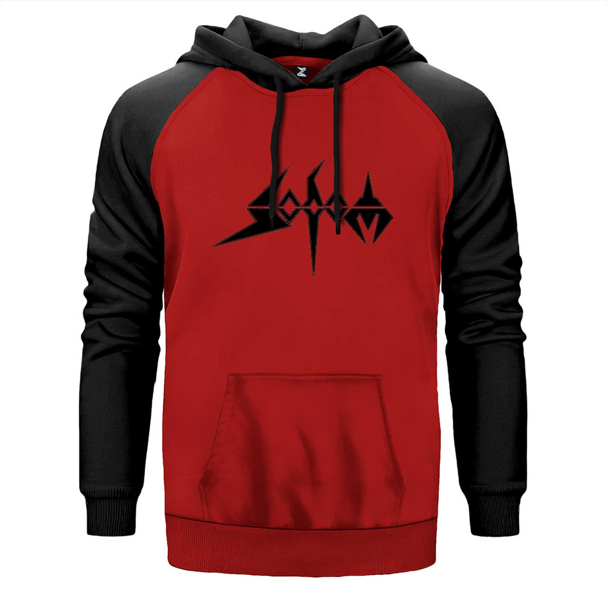 Sodom Text çift renk reglan kol kapşonlu sweatshirt - kırmızı