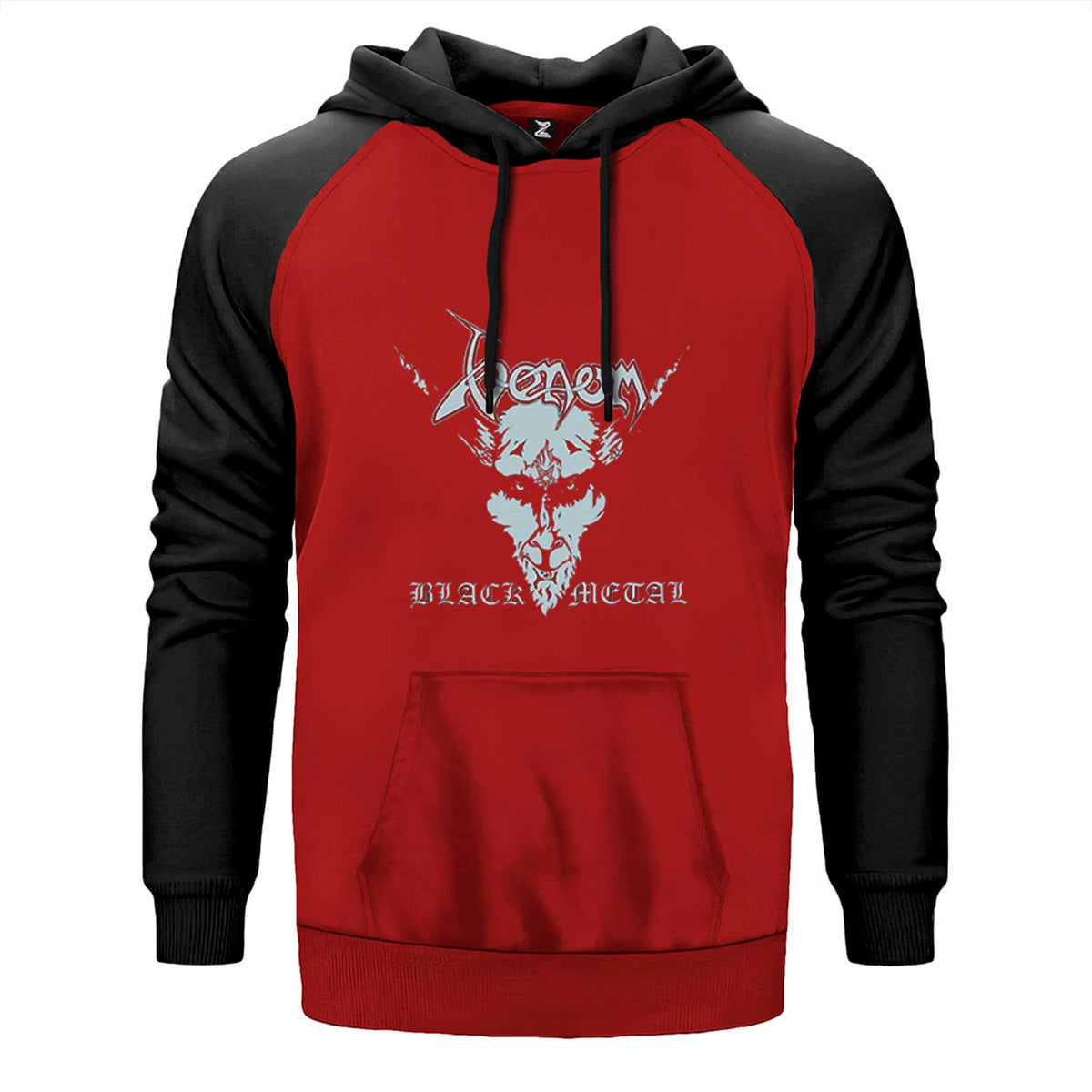 Venom Black Metal Silver çift renk reglan kol kapşonlu sweatshirt - kırmızı