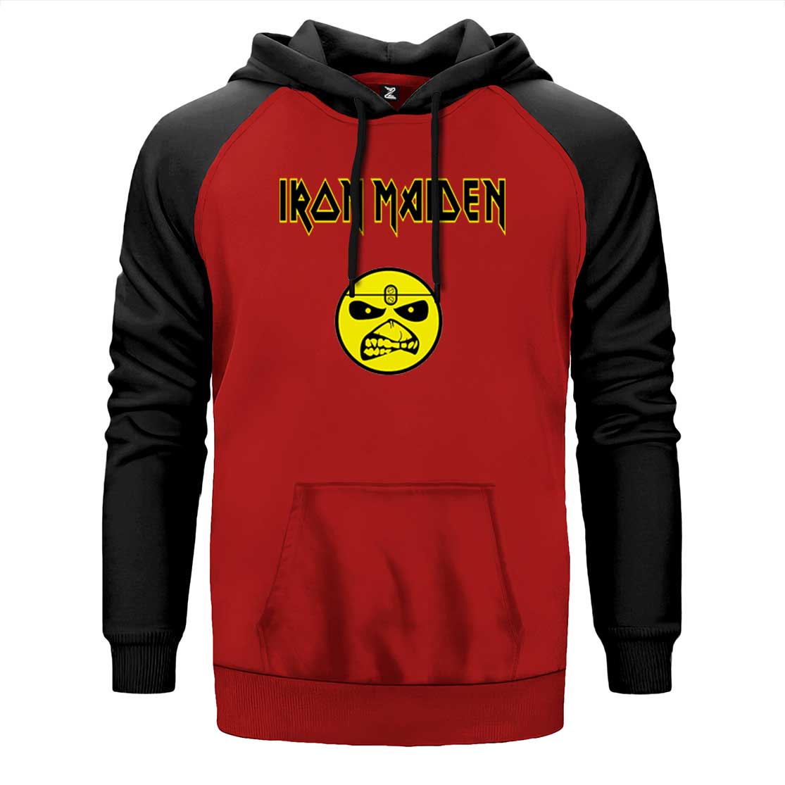 Iron Maiden Face çift renk reglan kol kapşonlu sweatshirt - kırmızı