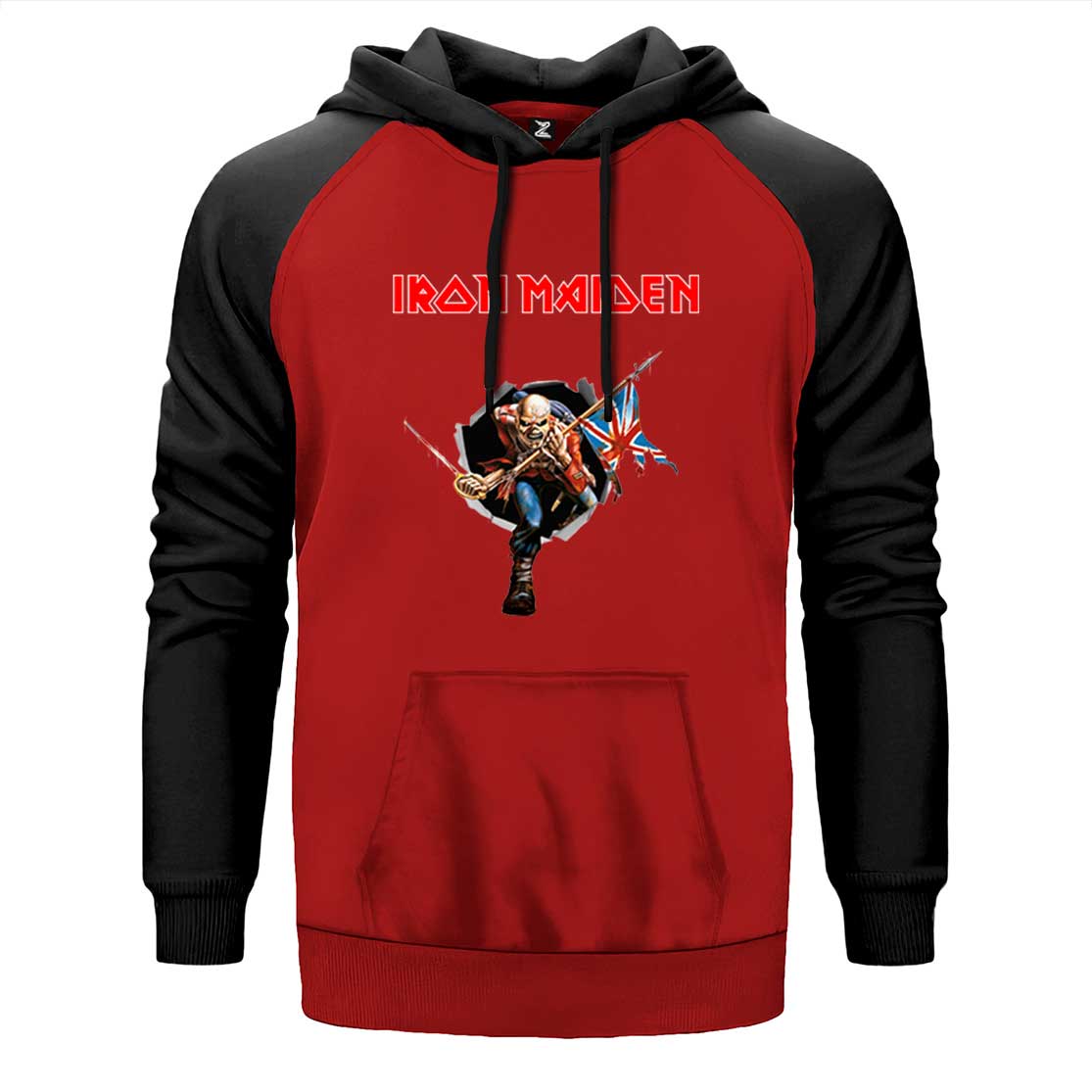Iron Maiden Trooper çift renk reglan kol kapşonlu sweatshirt - kırmızı