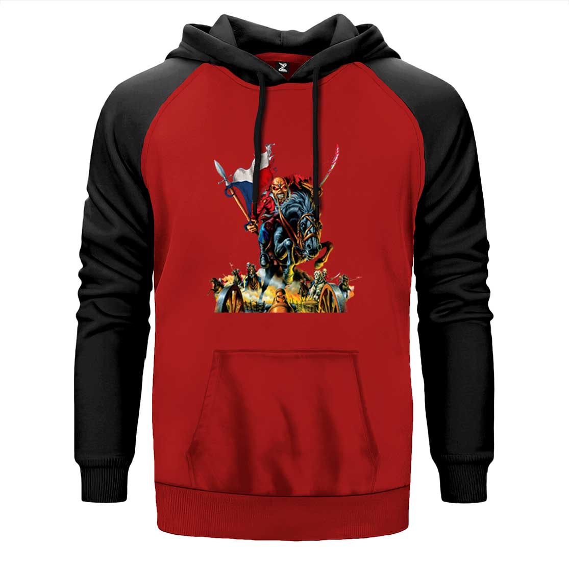 Iron Maiden Warriors çift renk reglan kol kapşonlu sweatshirt - kırmızı