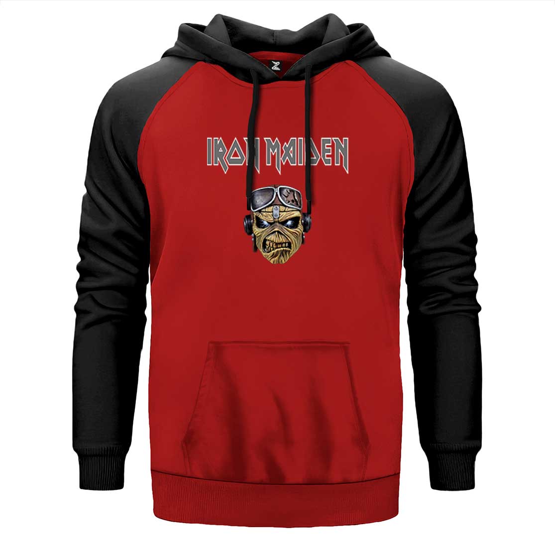 Iron Maiden Zombie Face çift renk reglan kol kapşonlu sweatshirt - kırmızı