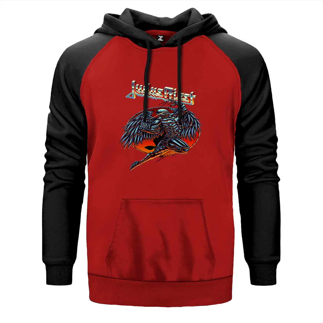 Judas Priest Angel çift renk reglan kol kapşonlu sweatshirt - kırmızı
