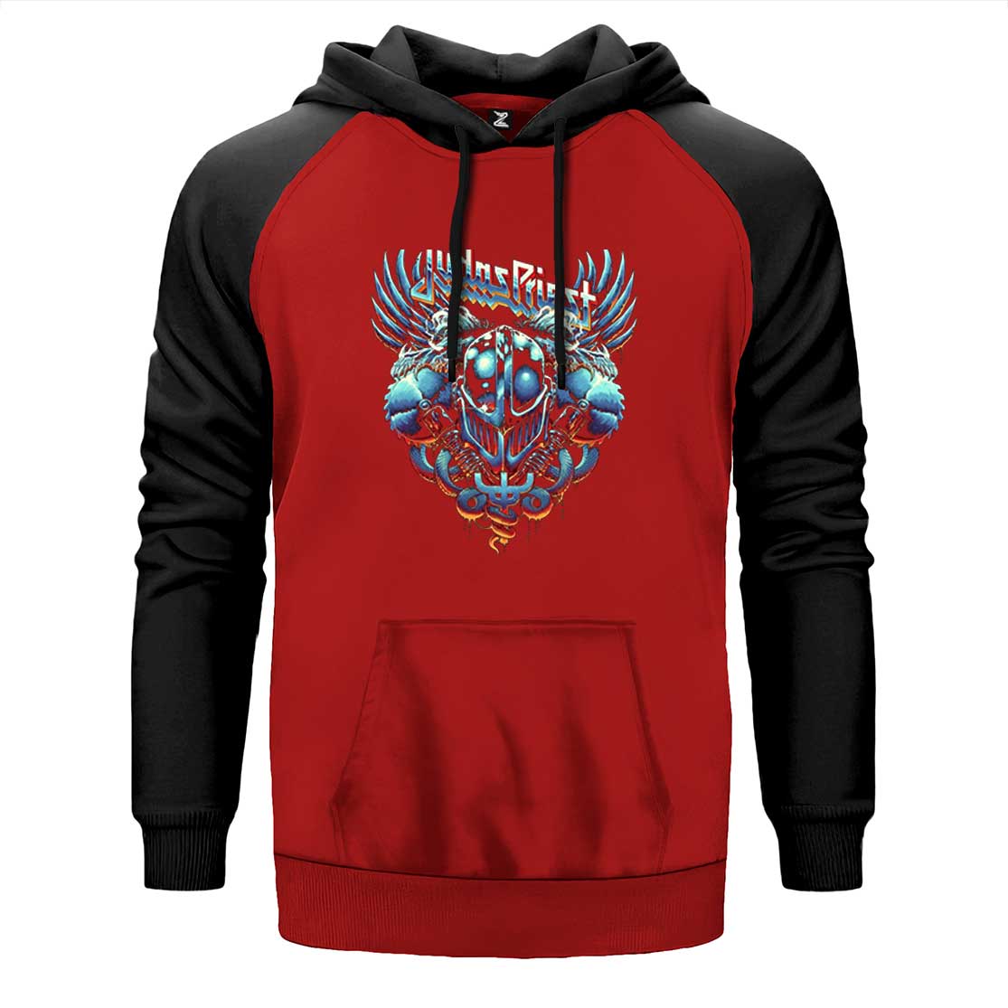 Judas Priest Painkiller Facing çift renk reglan kol kapşonlu sweatshirt - kırmızı