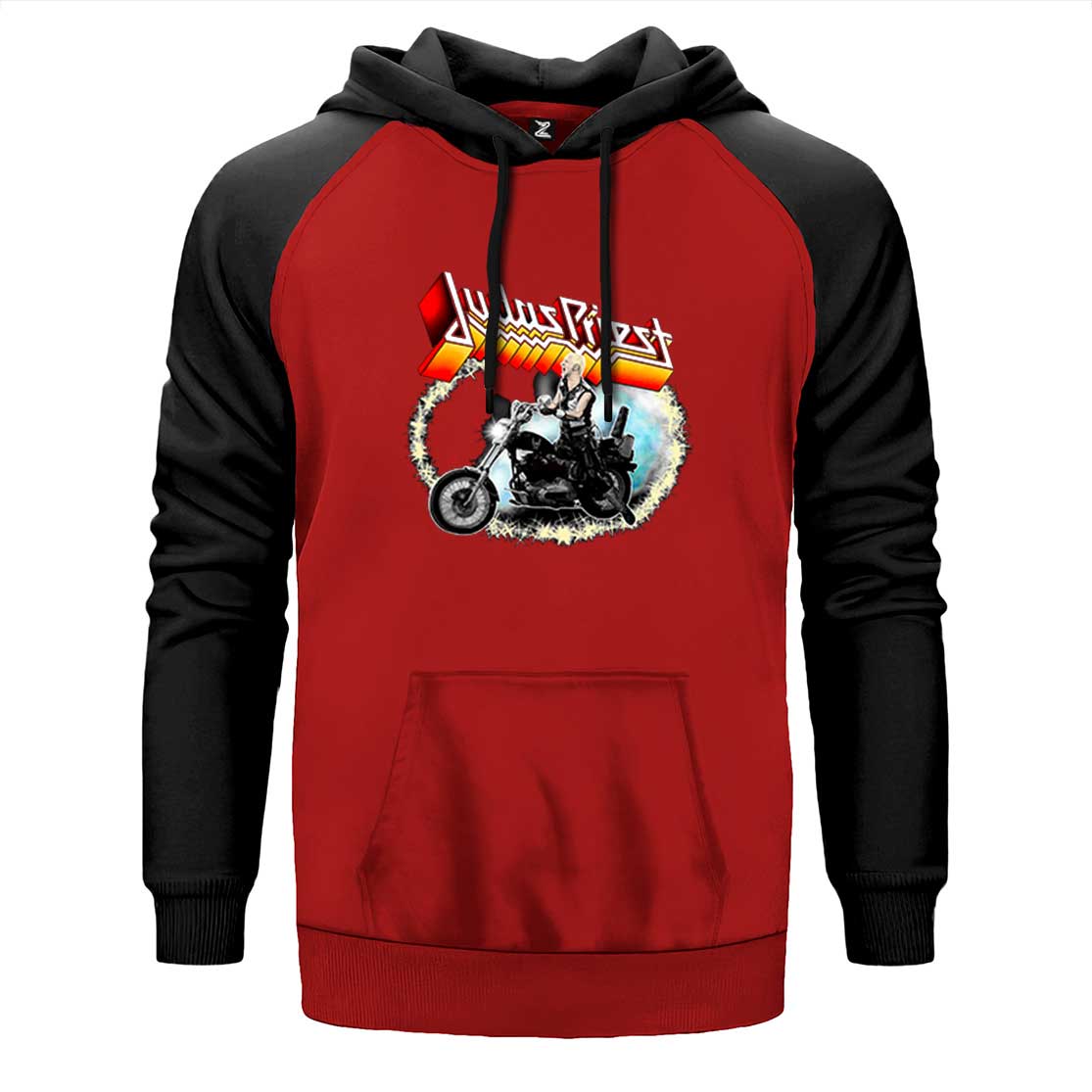Judas Priest Rob Halford çift renk reglan kol kapşonlu sweatshirt - kırmızı