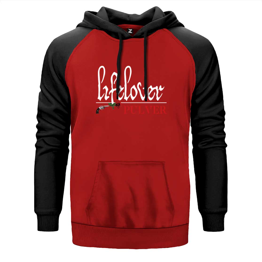 Lifelover Pulver Text çift renk reglan kol kapşonlu sweatshirt - kırmızı