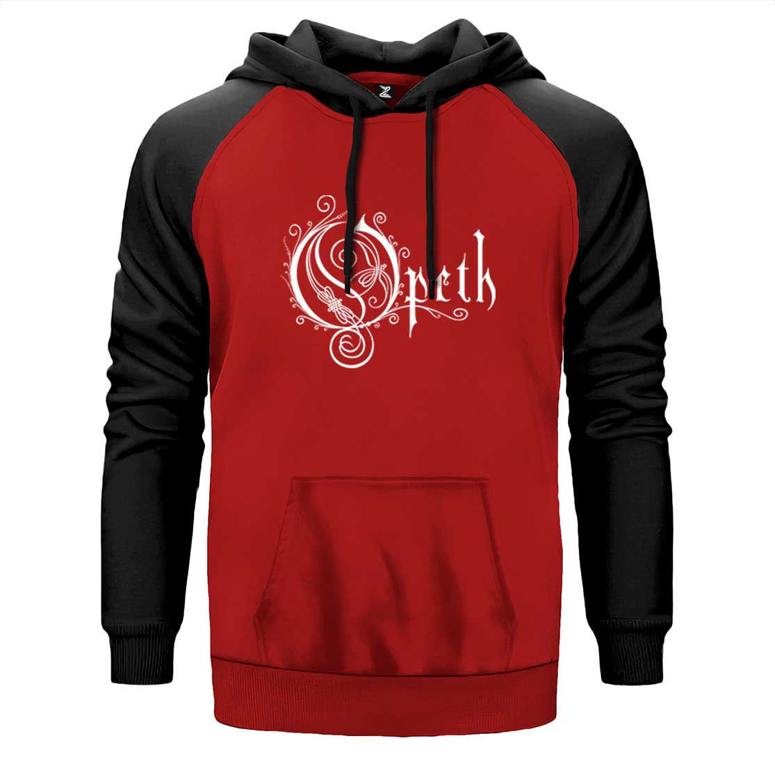 Opeth Logo White çift renk reglan kol kapşonlu sweatshirt - kırmızı