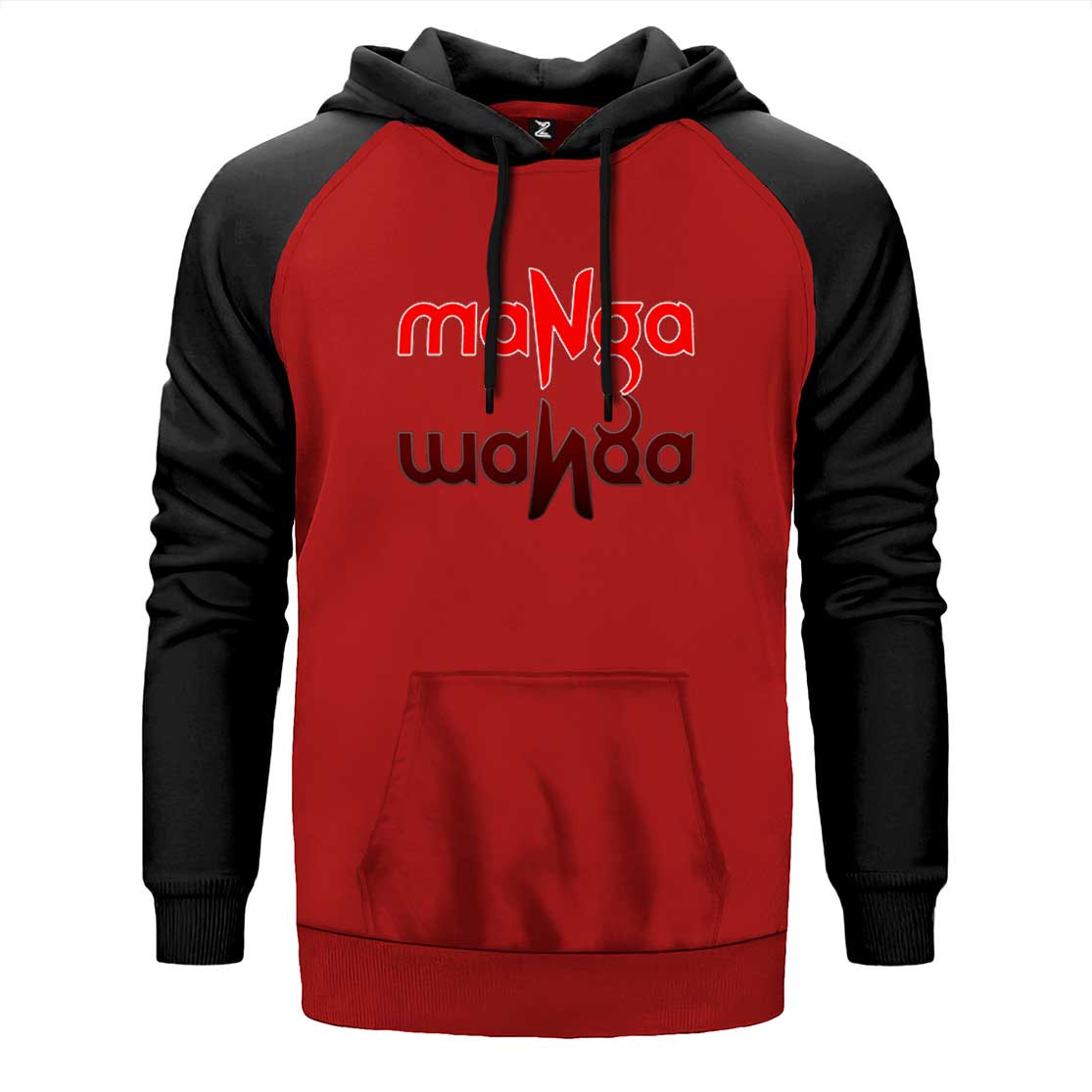 MaNga Yazı Yansıması çift renk reglan kol kapşonlu sweatshirt - kırmızı