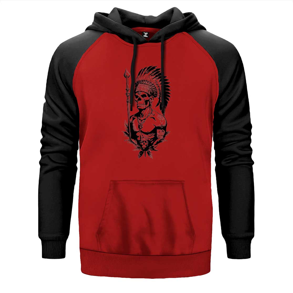 Kızıldereli Skull Warrios çift renk reglan kol kapşonlu sweatshirt - kırmızı