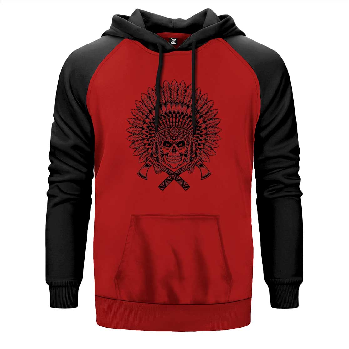 Kızılderili Skull Warrior çift renk reglan kol kapşonlu sweatshirt - kırmızı