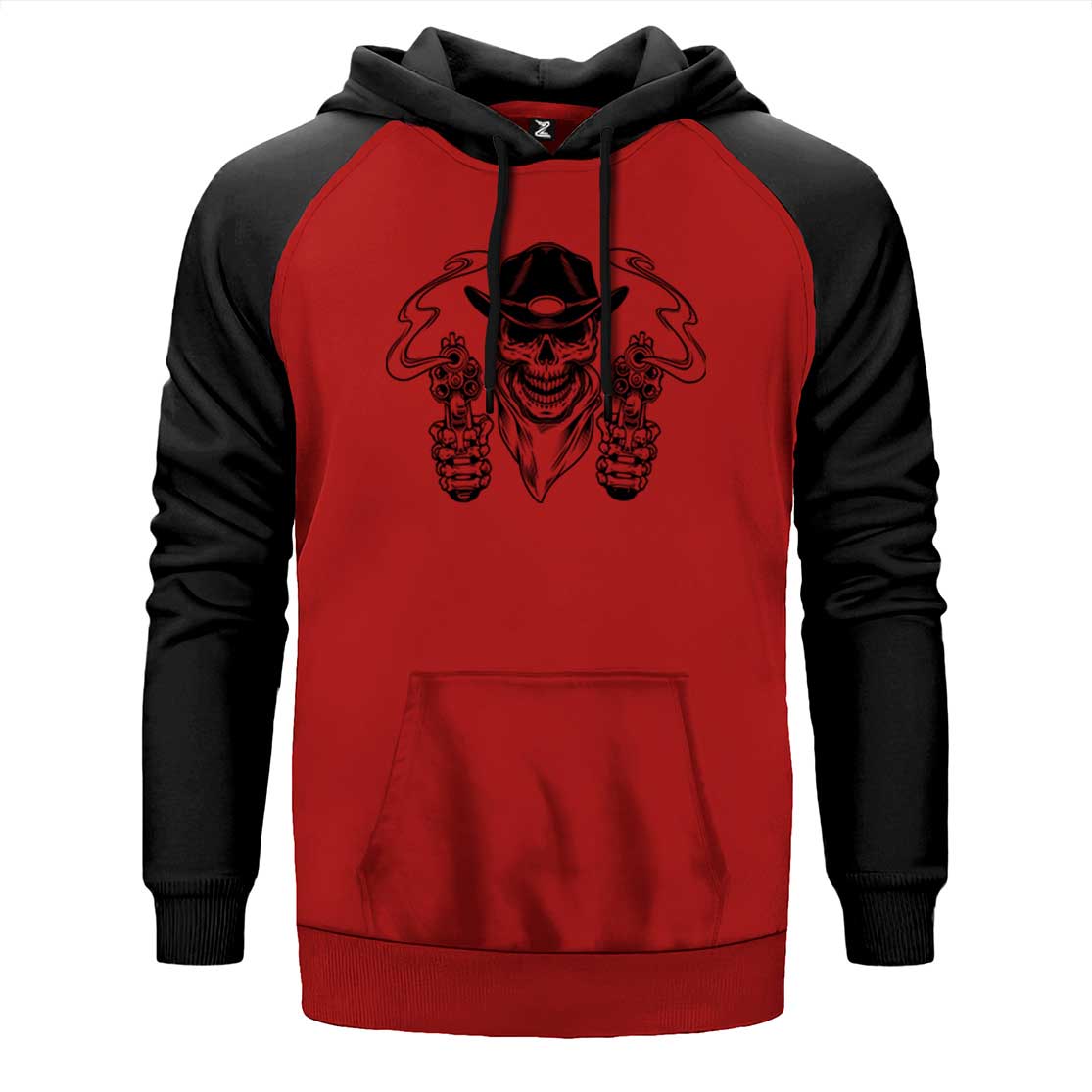 Kovboy Skull Bandana çift renk reglan kol kapşonlu sweatshirt - kırmızı