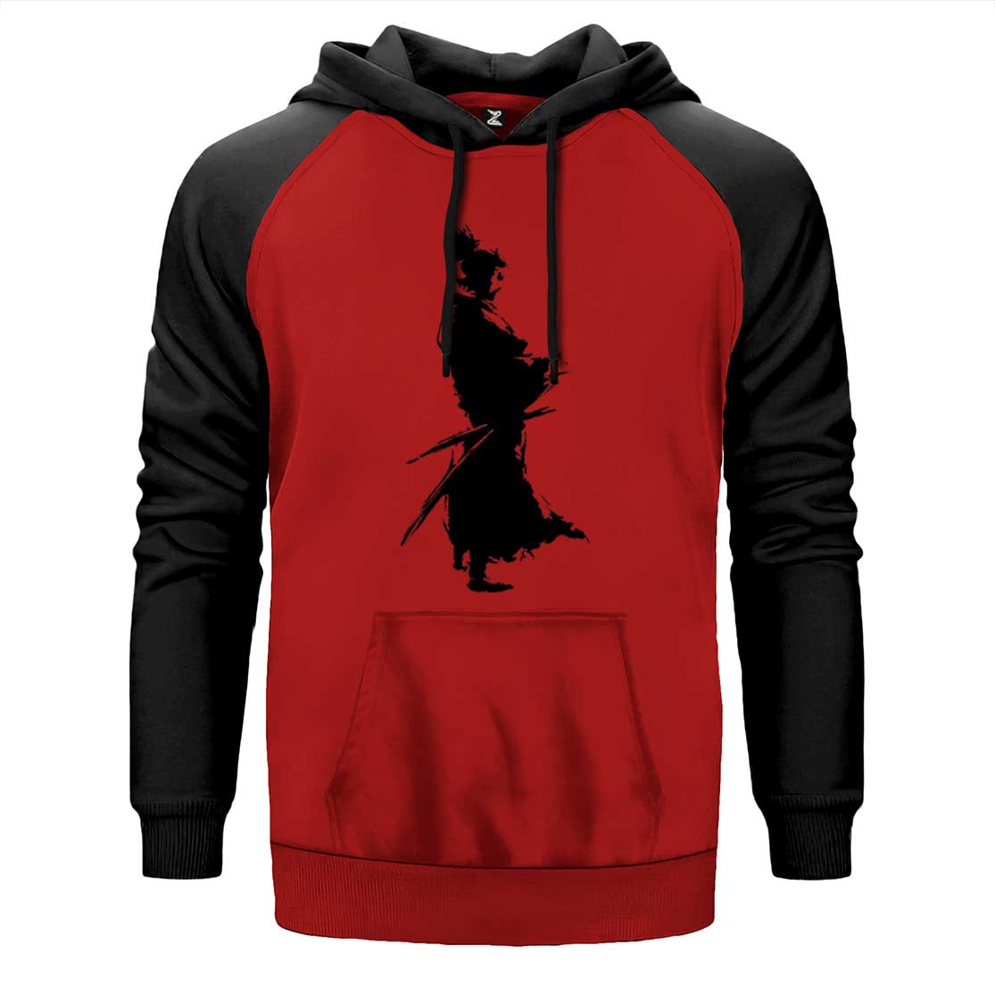 Samurai Musashi Portre çift renk reglan kol kapşonlu sweatshirt - kırmızı