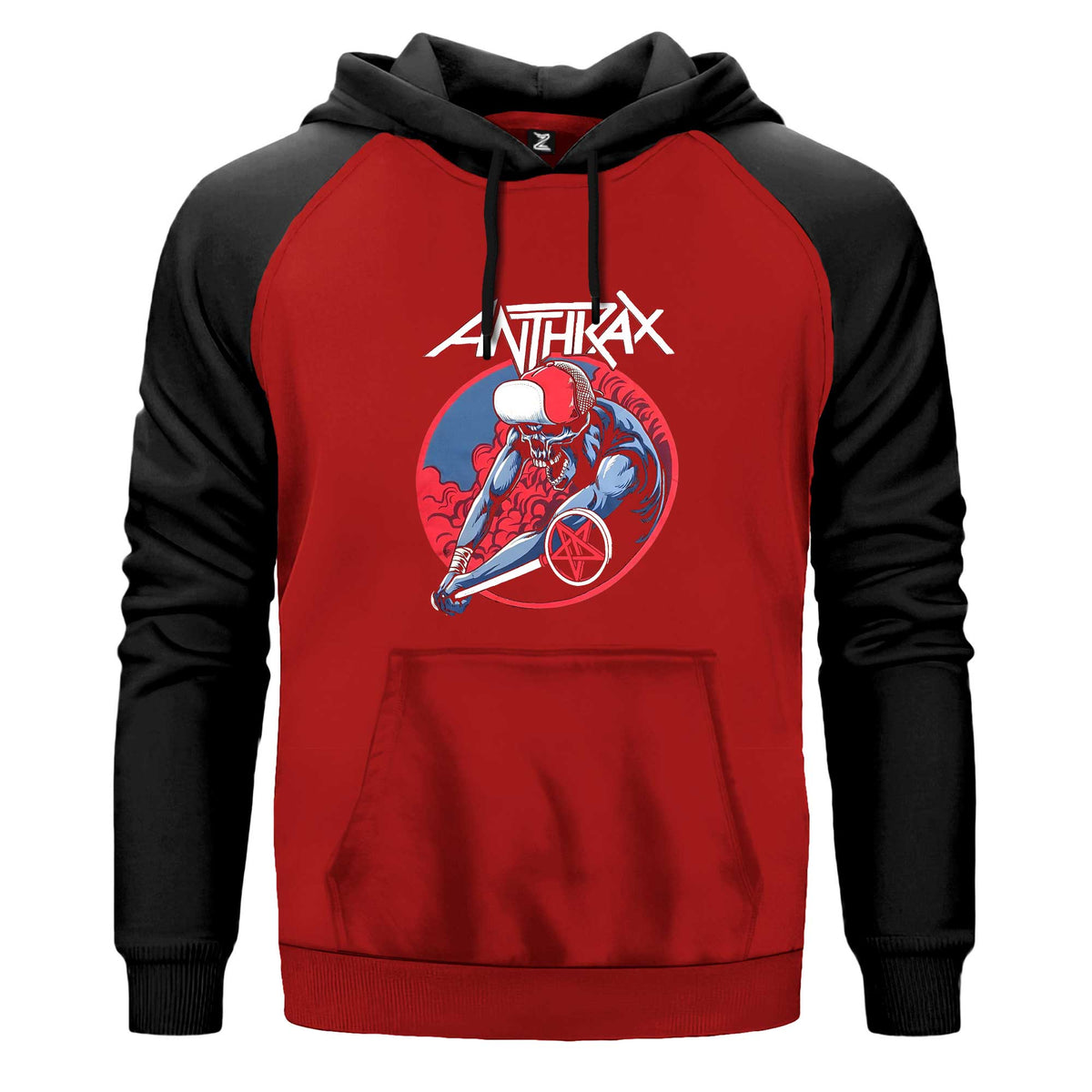 Anthrax Pentegram Kapşonlu çift renk reglan kol kapşonlu sweatshirt - kırmızı