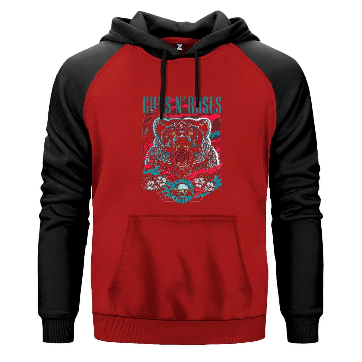 Guns N Roses Bear Kapşonlu çift renk reglan kol kapşonlu sweatshirt - kırmızı