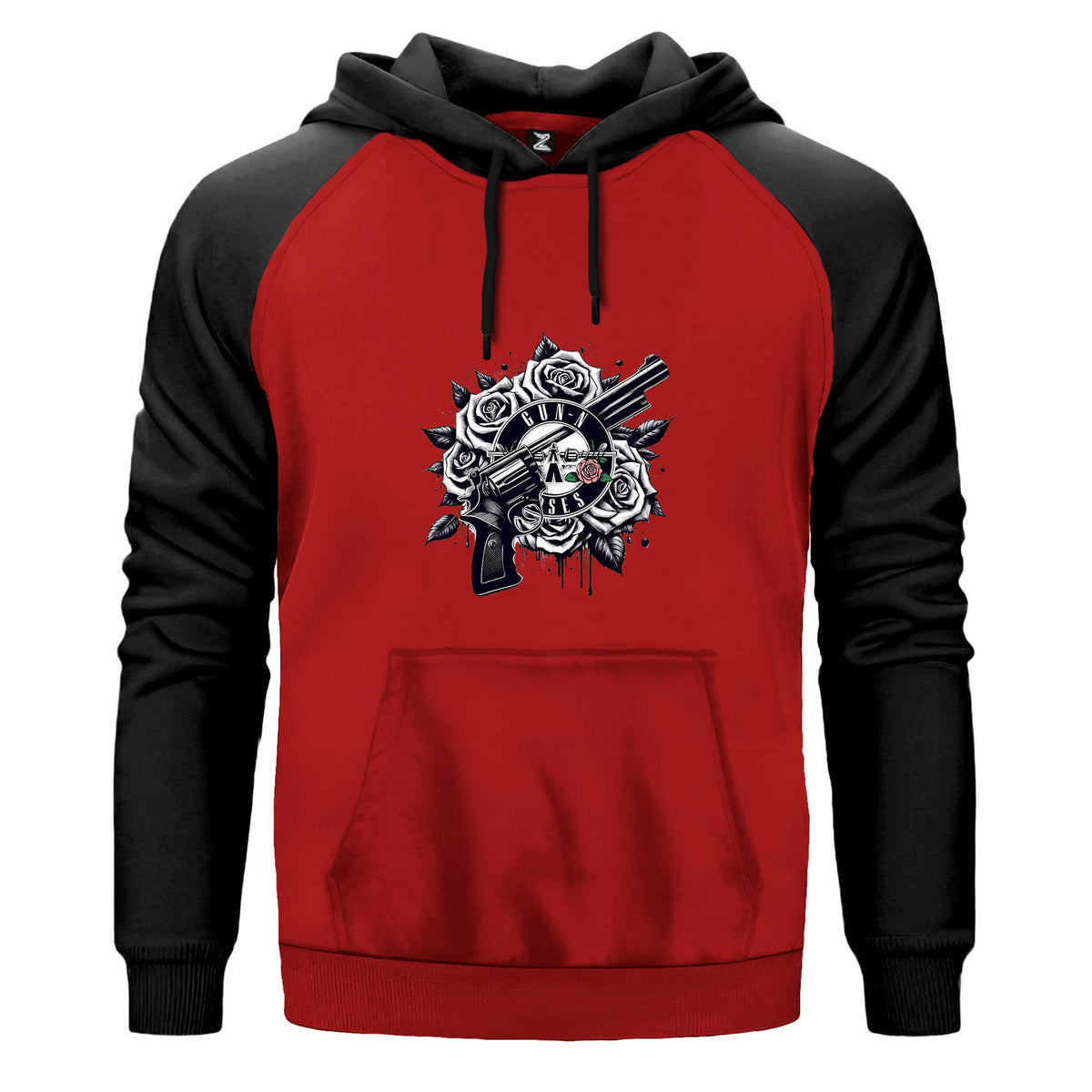 Guns N Roses Siyah Beyaz Logo Kapşonlu çift renk reglan kol kapşonlu sweatshirt - kırmızı