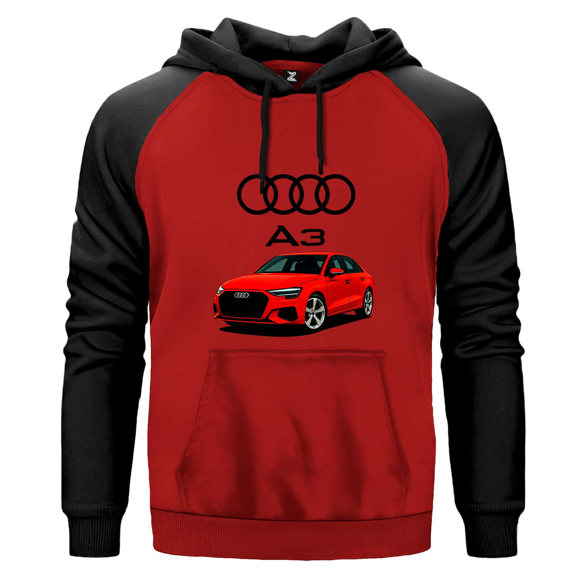 Audi A3 Text Logo Kapşonlu çift renk reglan kol kapşonlu sweatshirt - kırmızı