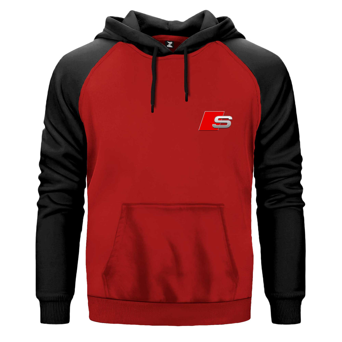 Audi S Line Logo Kapşonlu çift renk reglan kol kapşonlu sweatshirt - kırmızı