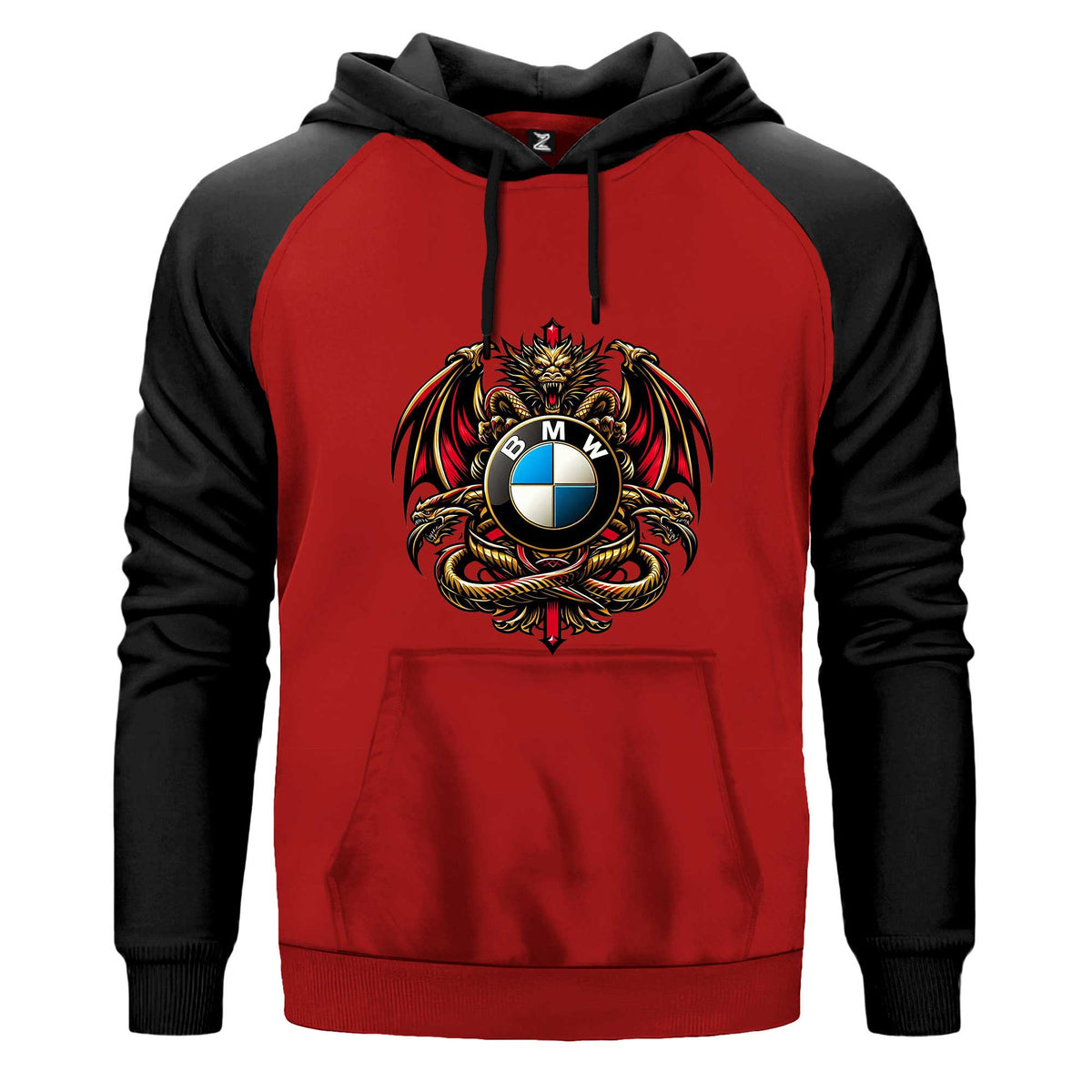 Bmw Logo Ejderha Kapşonlu çift renk reglan kol kapşonlu sweatshirt - kırmızı
