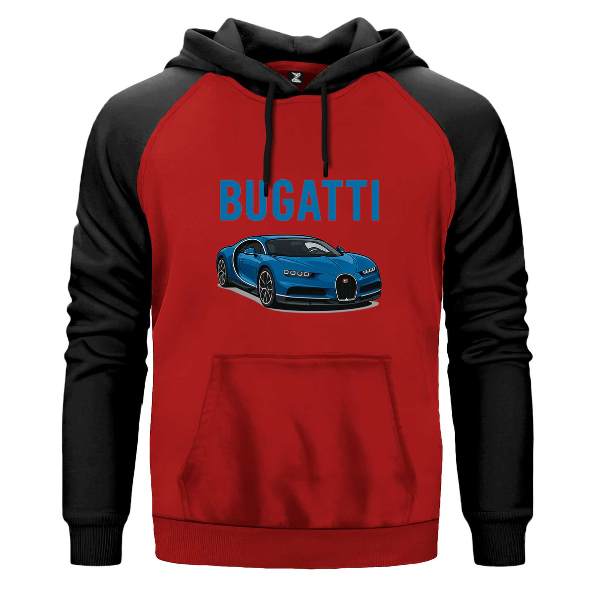 Bugatti Blue Sport Car Kapşonlu çift renk reglan kol kapşonlu sweatshirt - kırmızı