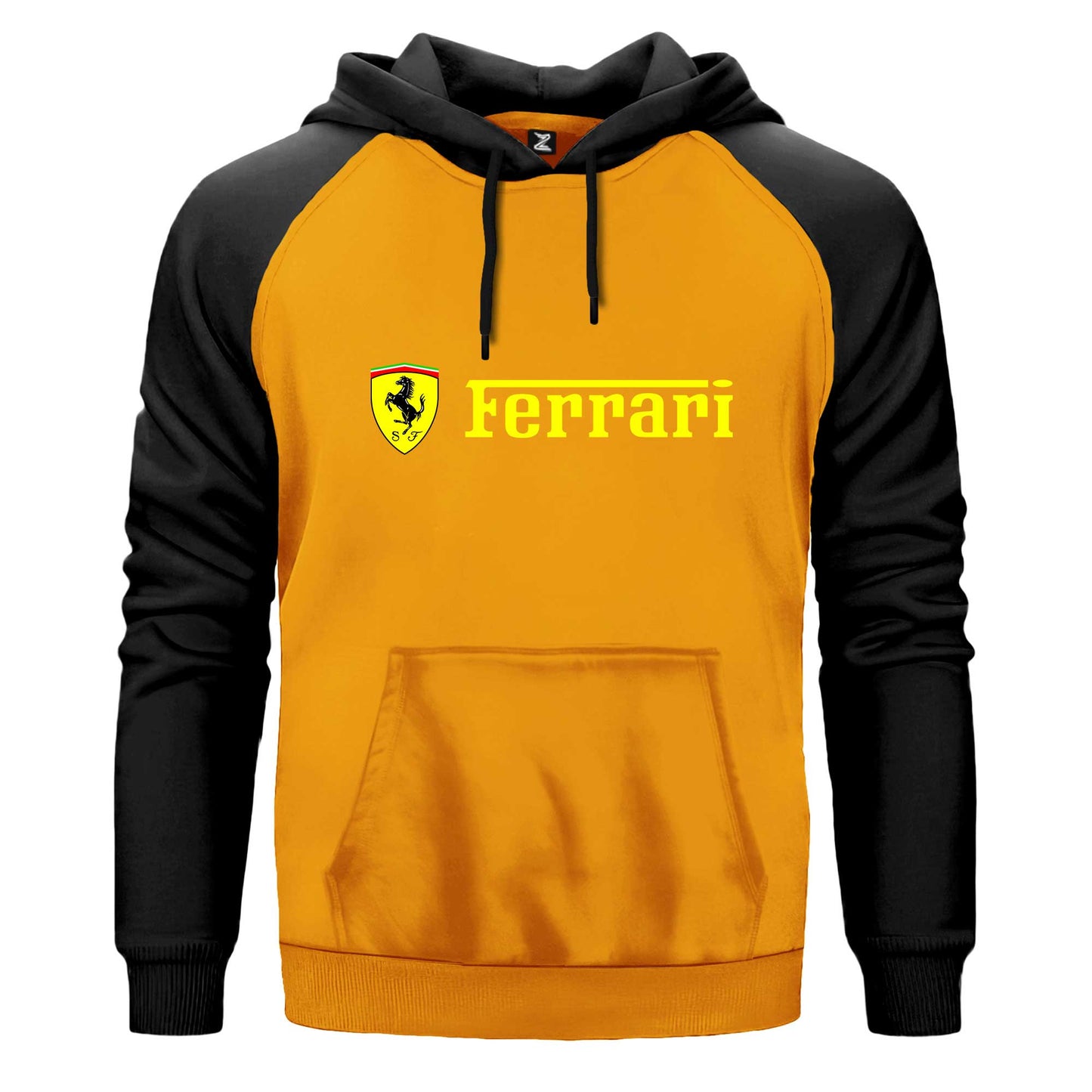 Ferrari Logo Gold Text Çift Renk Reglan Kol Sweatshirt Kapşonlu