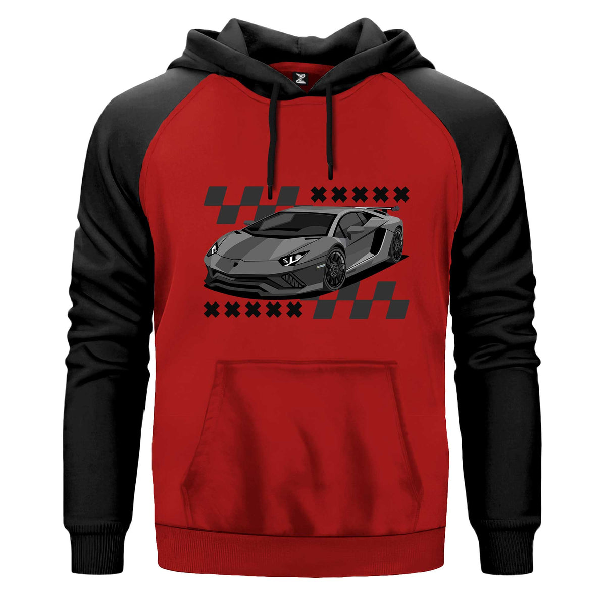 Lamborghini Huracan Kapşonlu çift renk reglan kol kapşonlu sweatshirt - kırmızı
