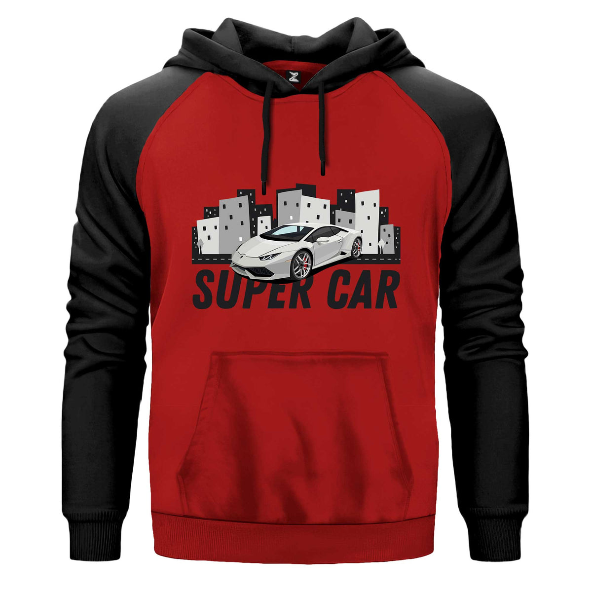 Süper Car Lamborghini Kapşonlu çift renk reglan kol kapşonlu sweatshirt - kırmızı