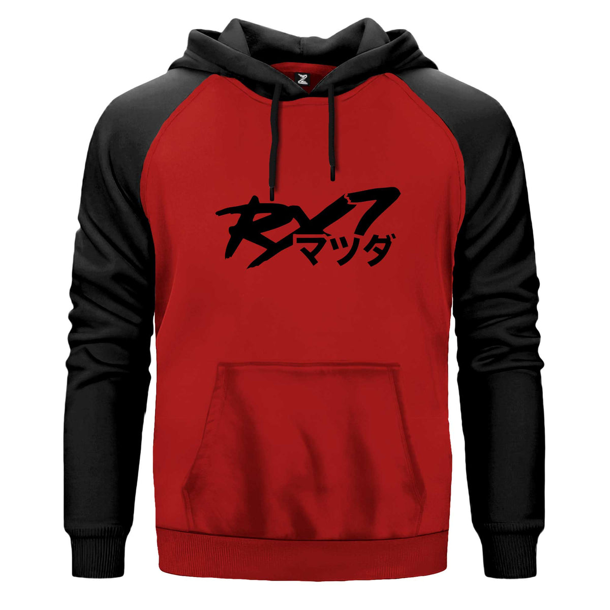 Mazda RX7 Japon Logo Kapşonlu çift renk reglan kol kapşonlu sweatshirt - kırmızı