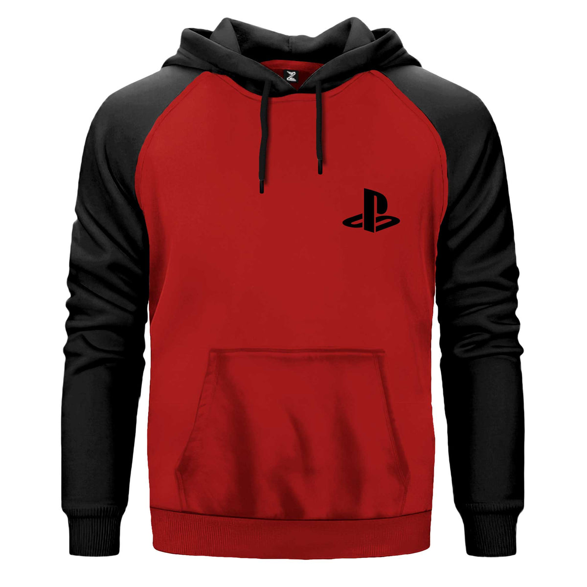 Playstation Logo Black Kapşonlu çift renk reglan kol kapşonlu sweatshirt - kırmızı