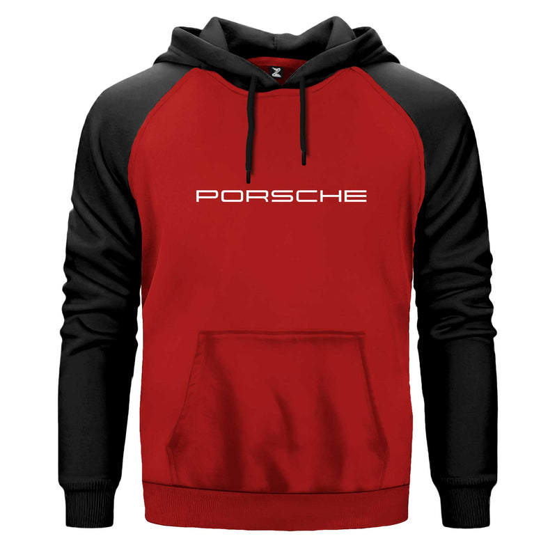 Porsche Text Kapşonlu çift renk reglan kol kapşonlu sweatshirt - kırmızı
