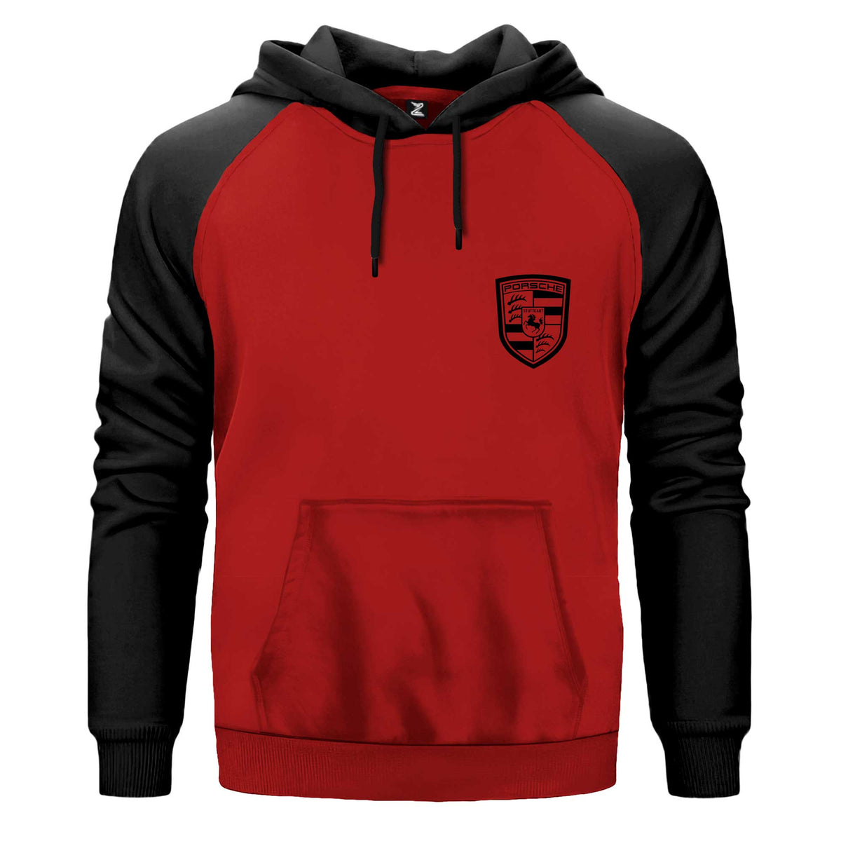 Porsche Logo Black Kapşonlu çift renk reglan kol kapşonlu sweatshirt - kırmızı