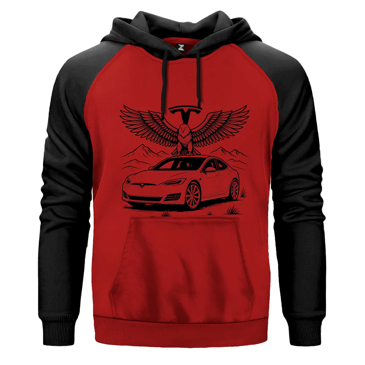 Tesla And Eagle Kapşonlu çift renk reglan kol kapşonlu sweatshirt - kırmızı