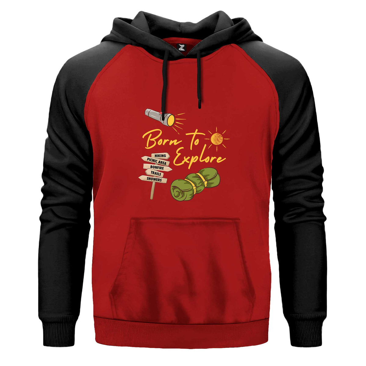 Born To Explore Renkli Reglan Kol Sweatshirt Kapşonlu çift renk reglan kol kapşonlu sweatshirt - kırmızı