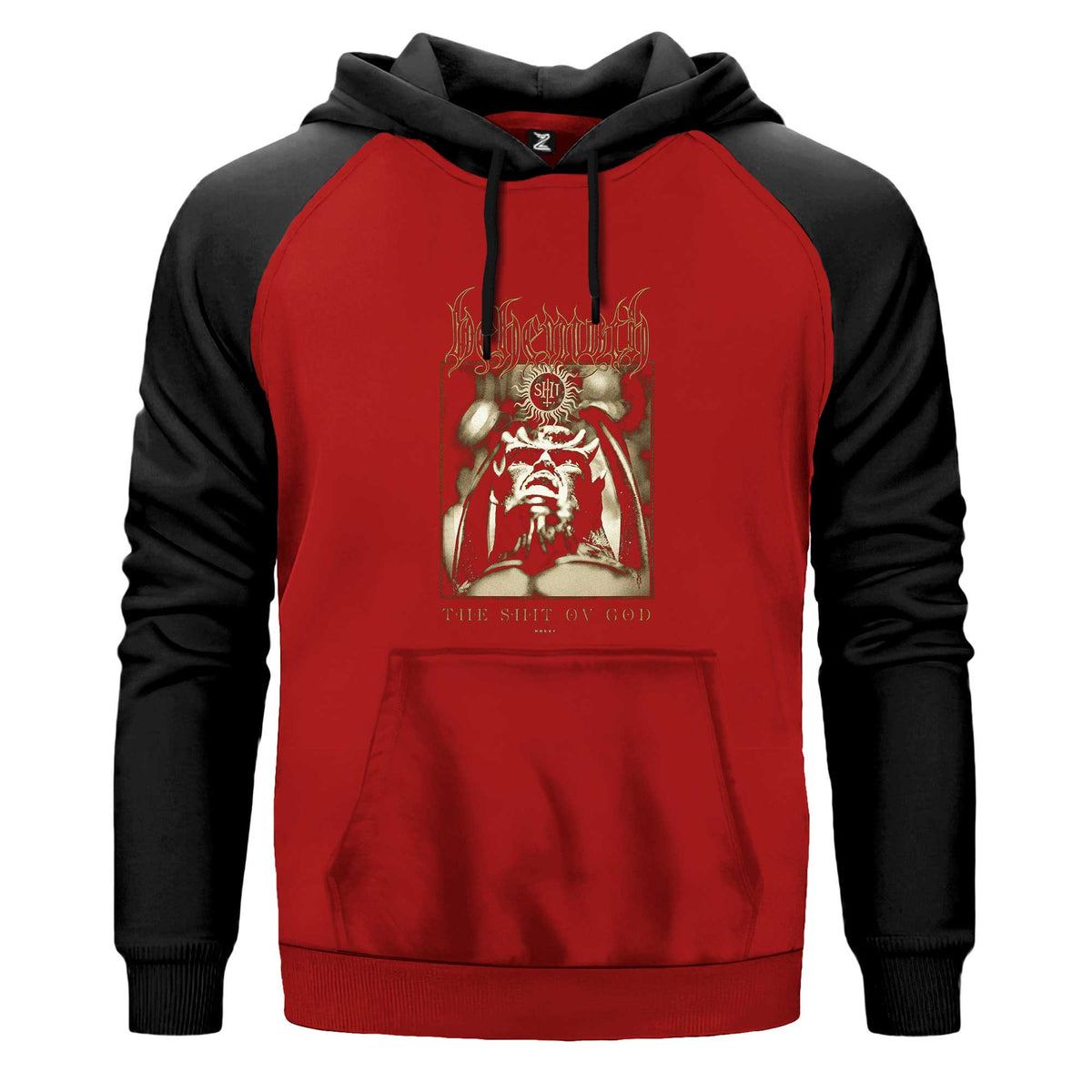 Behemoth The Shit Ov God Renkli Reglan Kol Sweatshirt Kapşonlu çift renk reglan kol kapşonlu sweatshirt - kırmızı