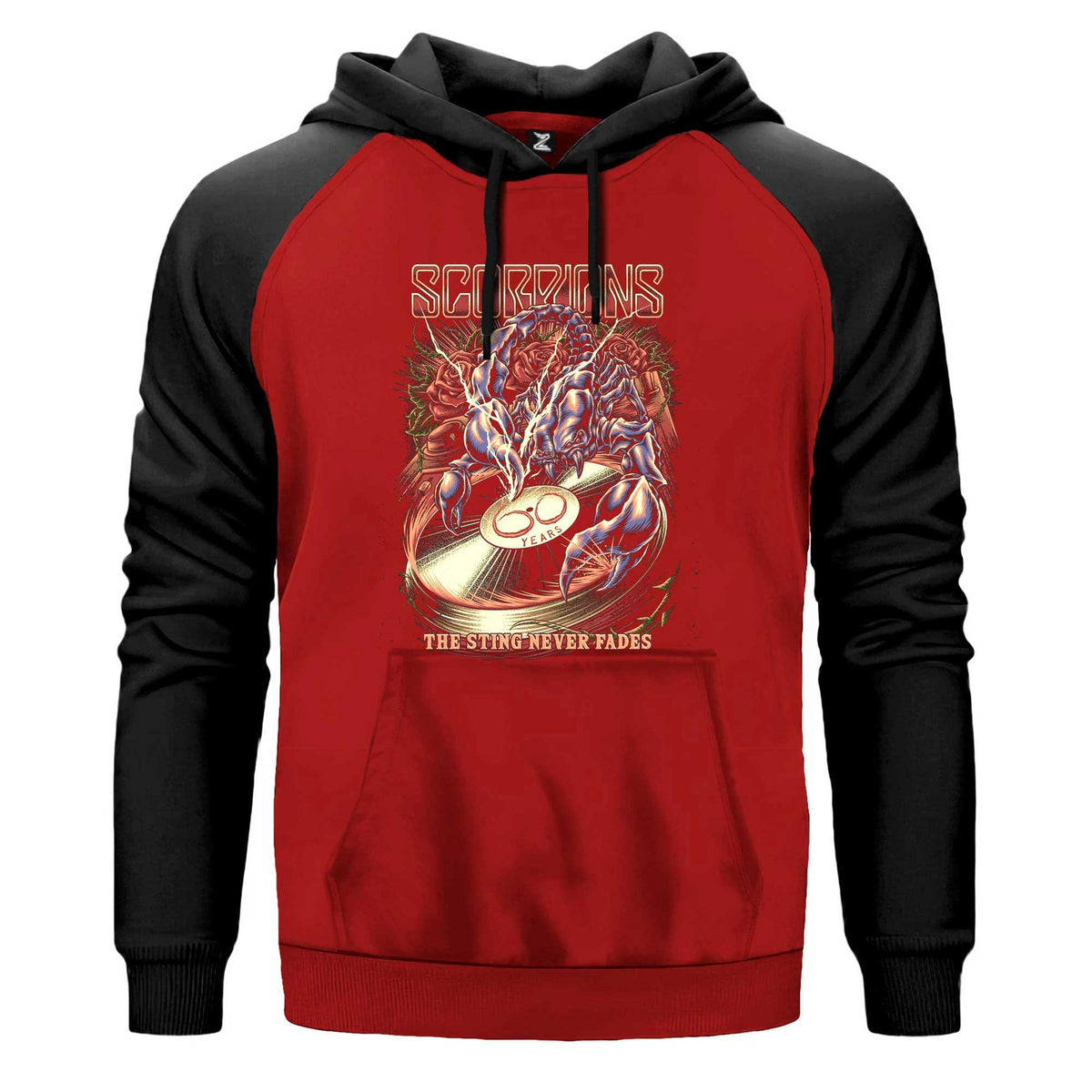 Scorpions The Sting Never Fades Renkli Reglan Kol Sweatshirt Kapşonlu çift renk reglan kol kapşonlu sweatshirt - kırmızı