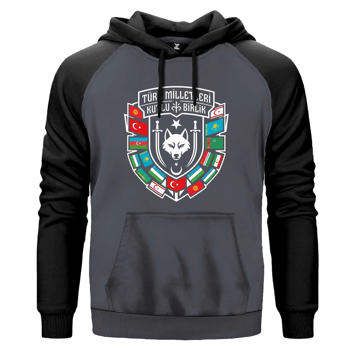 Türk Dünyası Bayrakları Kalkan Amblem Baskılı Renkli Reglan Kol Sweatshirt Kapşonlu