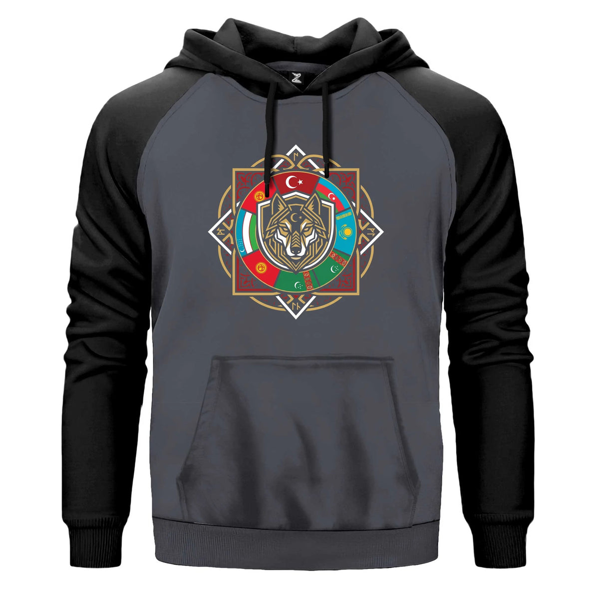 Sekizgen Mandala Bayraklı Bozkurt Baskılı Renkli Reglan Kol Sweatshirt Kapşonlu