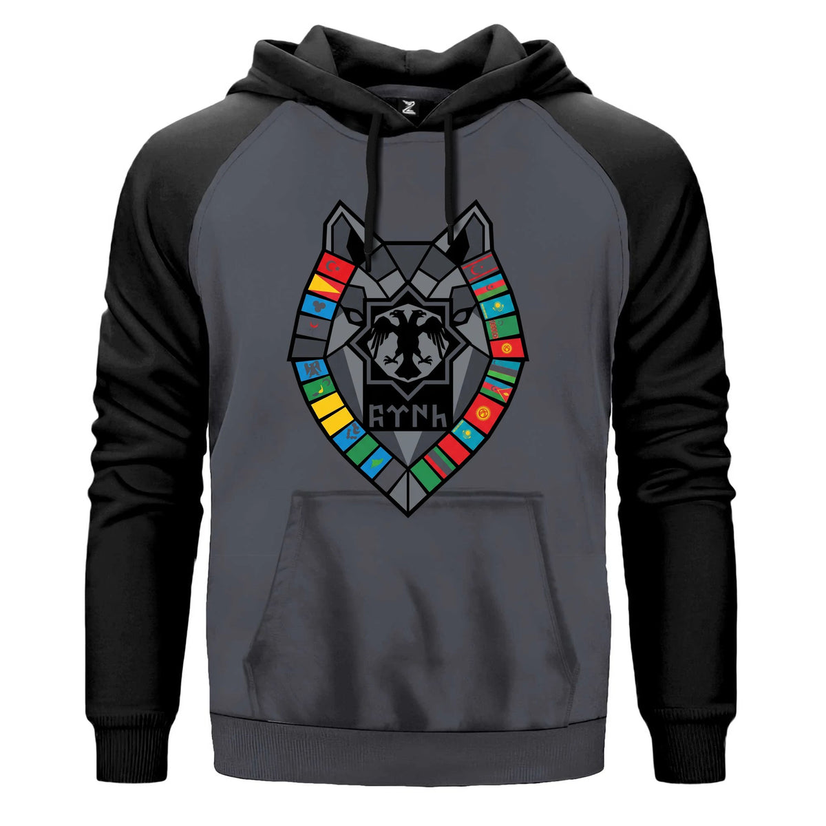 Türk Devletleri Bayrak Çerçeveli Kurt Başı Baskılı Renkli Reglan Kol Sweatshirt Kapşonlu