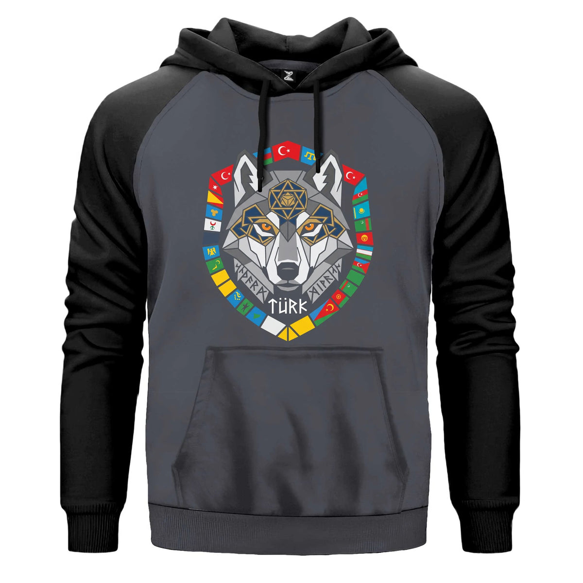 Renkli Bayrak Çerçeveli Gri Kurt Başı Baskılı Renkli Reglan Kol Sweatshirt Kapşonlu