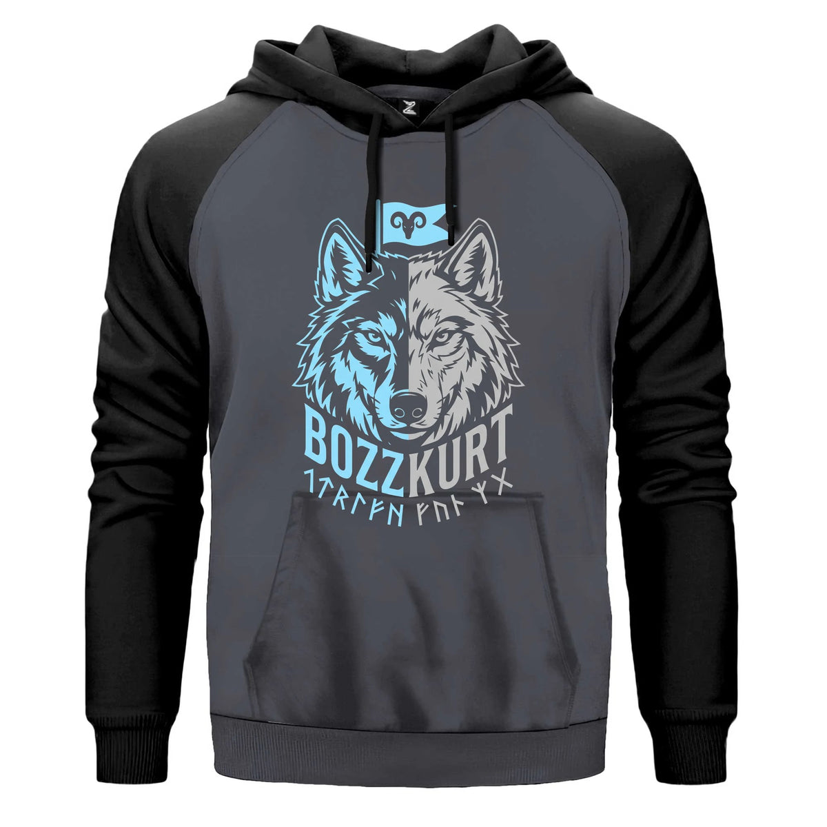 Mavi Beyaz İki Yüzlü Bozkurt Bayraklı Baskılı Renkli Reglan Kol Sweatshirt Kapşonlu